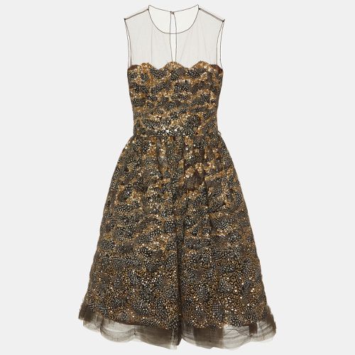 Oscar de la Renta Brown Sequin & Feather Embedded Tulle Mini Dress M - Oscar de la Renta - Modalova