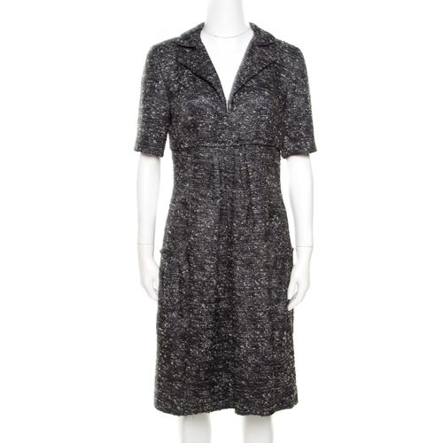 Oscar de la Renta Grey Textured Lurex Plunge Neck Detail Short Sleeve Dress M - Oscar de la Renta - Modalova