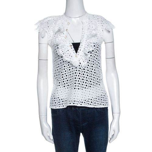 Oscar de la Renta White Eyelet Lace Ruffle Detail Top M - Oscar de la Renta - Modalova