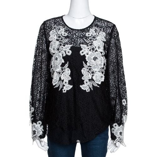 Oscar de la Renta Black & White Floral Lace Long Sleeve Blouse L - Oscar de la Renta - Modalova