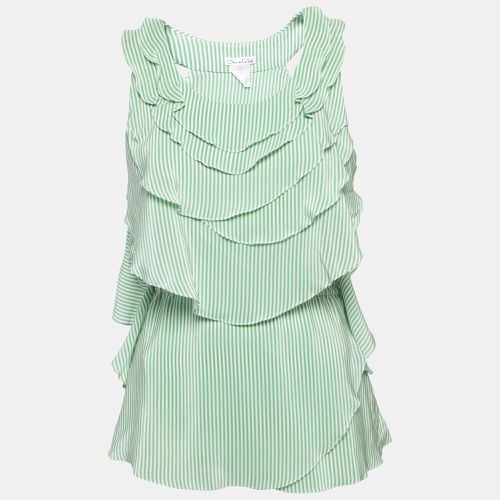 Oscar de la Renta White/Green Striped Silk Ruffled Sleeveless Top M - Oscar de la Renta - Modalova