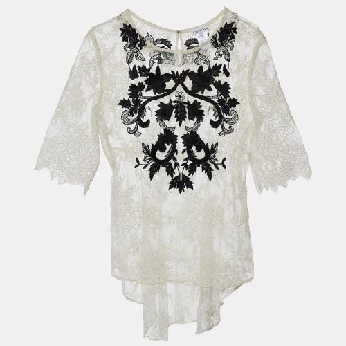 Oscar de la Renta White Lace Contrast Embroidery High Low Hem Top M - Oscar de la Renta - Modalova