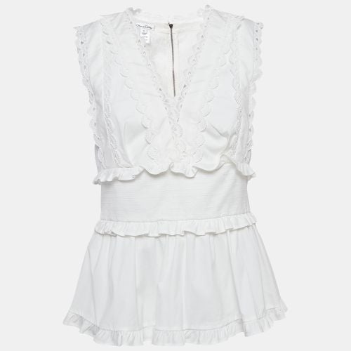 Oscar de la Renta White Lace Trim Cotton Ruffled Peplum Top M - Oscar de la Renta - Modalova