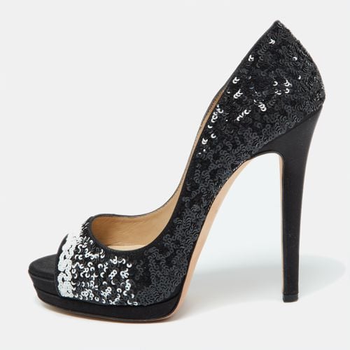 Oscar de la Renta Black Satin and Sequins Peep Toe Platform Pumps Size 38.5 - Oscar de la Renta - Modalova