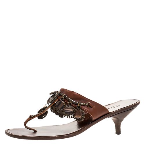 Oscar de la Renta Brown Leather Charm Embellished Kitten Heel Sandals Size 37.5 - Oscar de la Renta - Modalova