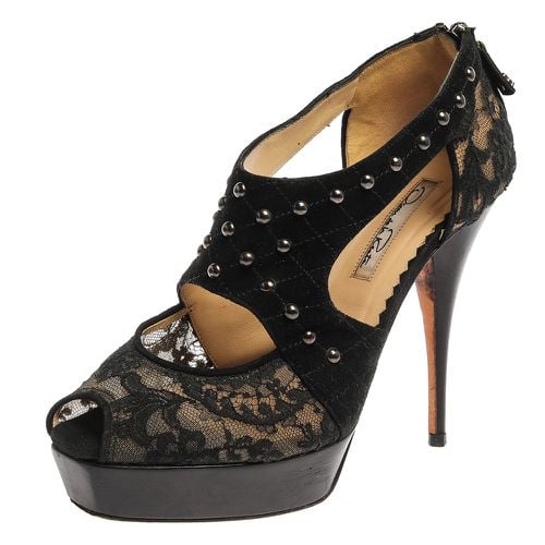 Oscar de la Renta Black Lace And Suede Platform Studded Peep Toe Zipper Sandals Size 38 - Oscar de la Renta - Modalova