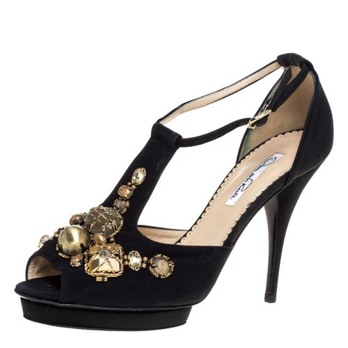 Oscar de la Renta Black Fabric Embellished Platform Ankle Strap Sandals 39.5 - Oscar de la Renta - Modalova