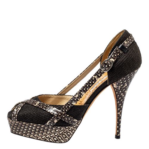 Raffia And Python Leather Peep Toe Platform Pumps Size 37 - Oscar de la Renta - Modalova