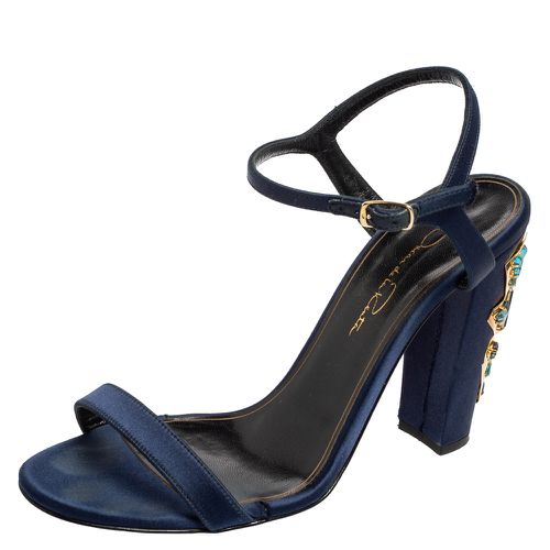 Oscar de la Renta Navy Blue Satin Lemmy Embellished Ankle Strap Sandals Size 37.5 - Oscar de la Renta - Modalova