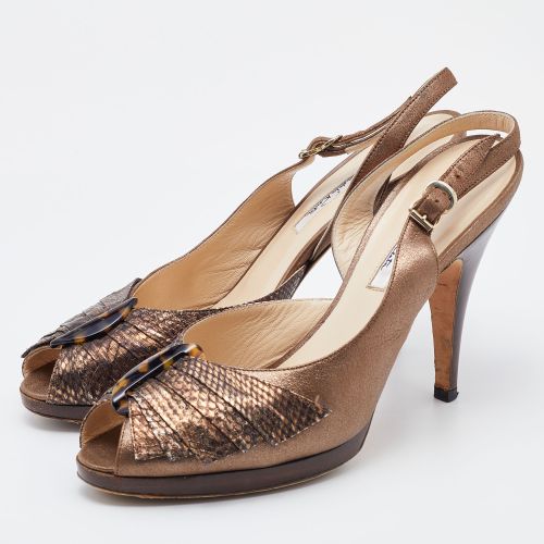 Metallic Python Embossed Leather Slingback Peep Toe Pumps Size 38 - Oscar de la Renta - Modalova