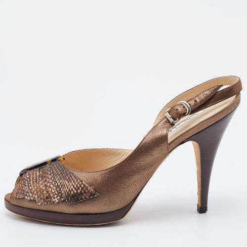 Oscar de la Renta Metallic Brown Python Embossed Leather Slingback Peep Toe Pumps Size 38 - Oscar de la Renta - Modalova