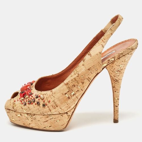 Oscar De La Renta Brown Cork Embellished Slingback Platform Pumps Size 37.5 - Oscar de la Renta - Modalova