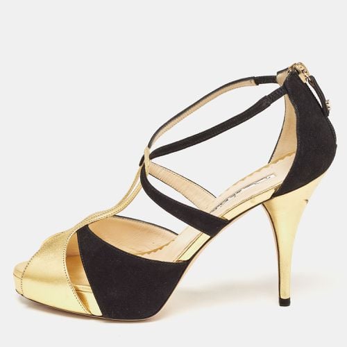 Oscar de la Renta Gold/Black Leather and Suede Ankle Strap Sandals Size 36.5 - Oscar de la Renta - Modalova