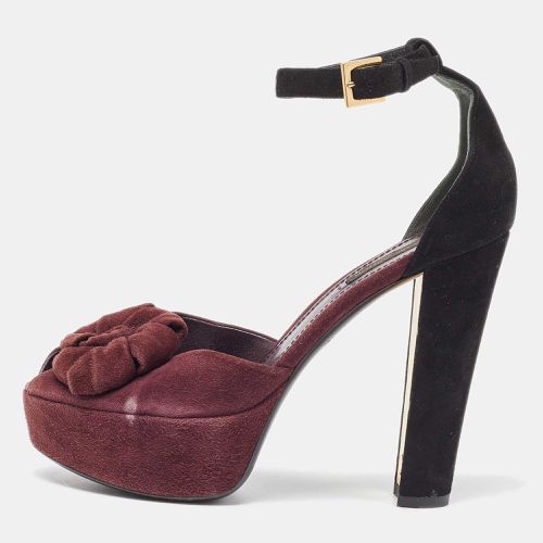 Burgundy/ Suede Flower Peep Toe Platform Ankle Strap Sandals Size 37.5 - Louis Vuitton - Modalova