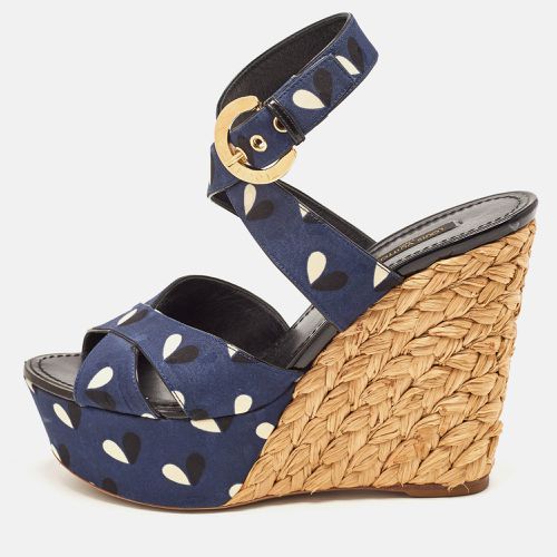 Louis Vuitton Navy Blue Printed Fabric Espadrille Wedge Ankle Wrap Sandals Size 38 - Louis Vuitton - Modalova