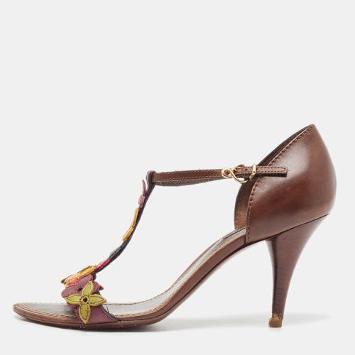 Louis Vuitton Brown Leather Flower Applique T-Bar Ankle Strap Sandals Size 37.5 - Louis Vuitton - Modalova