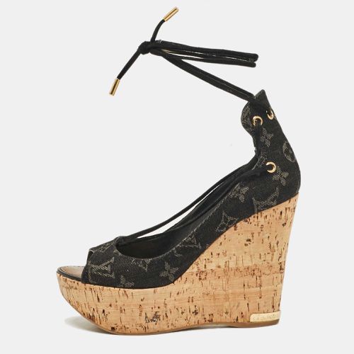 Louis Vuitton Black Monogram Denim Wedge Platform Ankle Wrap Pumps Size 36.5 - Louis Vuitton - Modalova