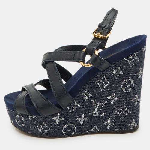 Louis Vuitton Navy Blue Leather and Monogram Denim Ocean Wedge Sandals Size 38 - Louis Vuitton - Modalova