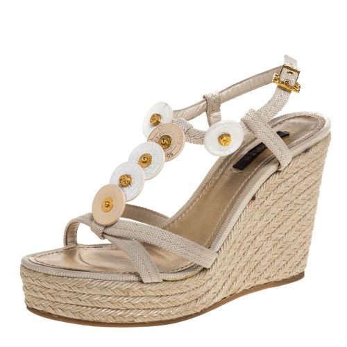 Louis Vuitton Beige Canvas Medallion Leather Detail Espadrille Wedge Platform Sandals Size 37 - Louis Vuitton - Modalova