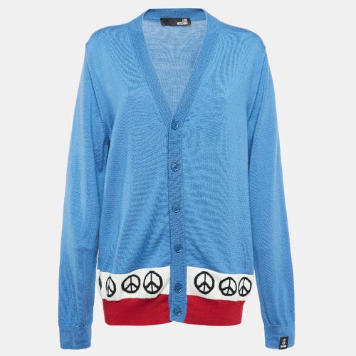 Love Moschino Blue Intarsia Knit Front Button Cardigan L - Love Moschino - Modalova