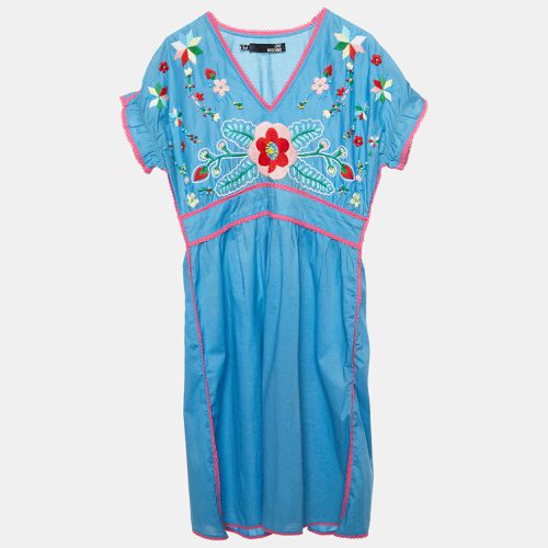 Love Moschino Blue Floral Embroidered Cotton V-Neck Dress M - Love Moschino - Modalova