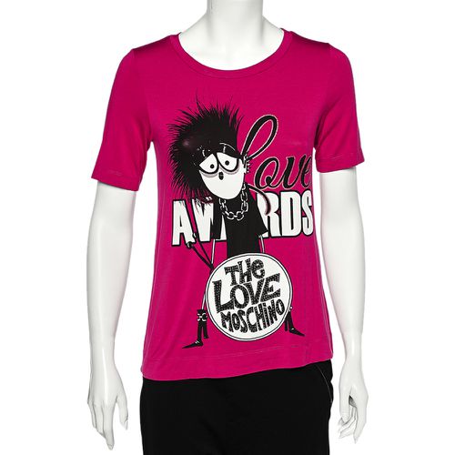 Love Moschino Magenta Printed Modal Knit T-Shirt S - Love Moschino - Modalova