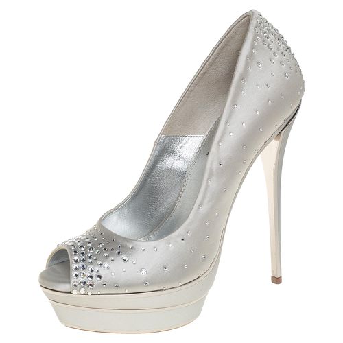 Loriblu Silver Satin Crystal Embellished Peep Toe Platform Pumps Size 38 - Loriblu - Modalova