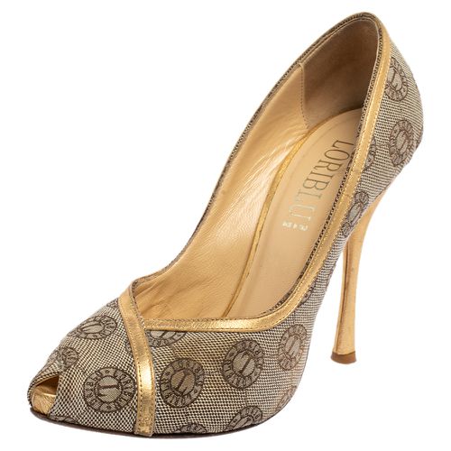 Loriblu Beige Canvas Monogram Peep Toe Pumps Size 38 - Loriblu - Modalova