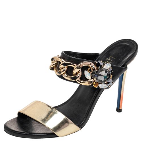 Loriblu Black/Gold Leather Embellished Chain Detail Slide Sandals Size 37.5 - Loriblu - Modalova