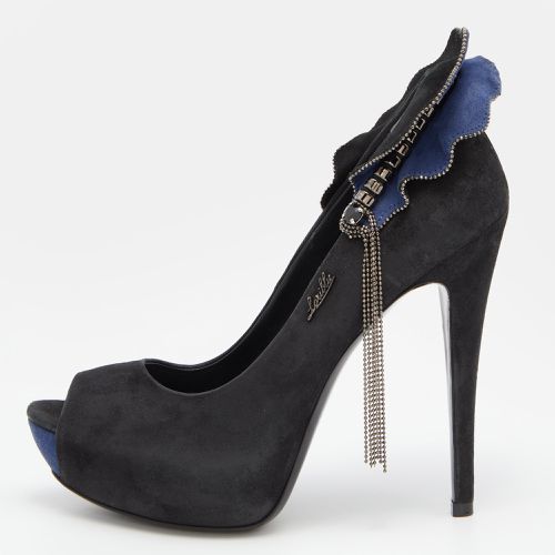 Blue Suede Embellished Peep Toe Pumps Size 37 - Loriblu - Modalova