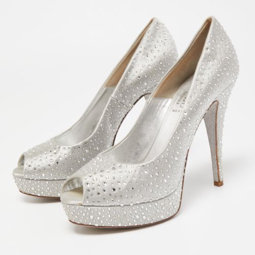 Satin Crystal Embellished Peep Toe Platform Pumps Size 40 - Loriblu - Modalova