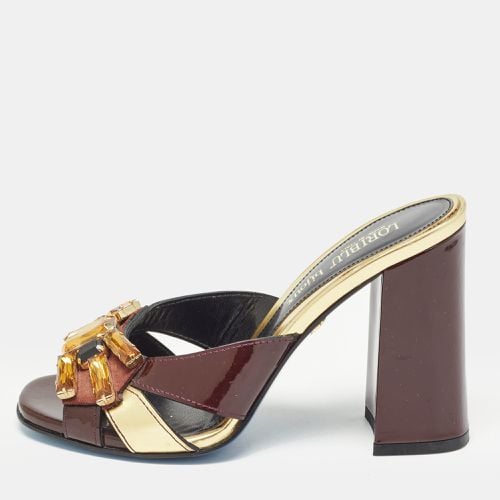 Loriblu Dark Brown/Gold Patent and Leather Crystal Embellished Slide Sandals Size 36 - Loriblu - Modalova