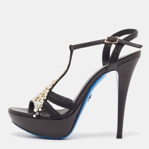 Loriblu Black Leather Crystal Embellished T-Bar Ankle Strap Platform Sandals Size 37 - Loriblu - Modalova