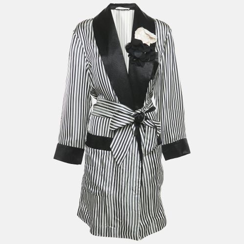 Lanvin Navy Black/White Stripe Satin Floral Applique Coat M - Lanvin - Modalova