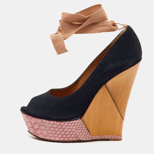 Lanvin Navy Blue/Pink Suede and Snakeskin Ankle Wrap Platform Wedge Pumps Size 38 - Lanvin - Modalova