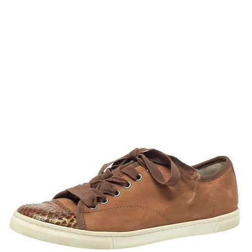 Lanvin Brown Nubuck Leather And Glitter Python Cap Toe Sneakers Size 39.5 - Lanvin - Modalova