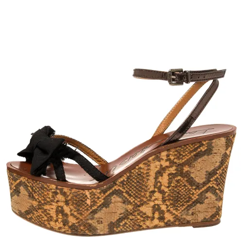 Metallic/ Canvas and Leather Bow Python Print Platform Wedge Sandals Size 39 - Lanvin - Modalova