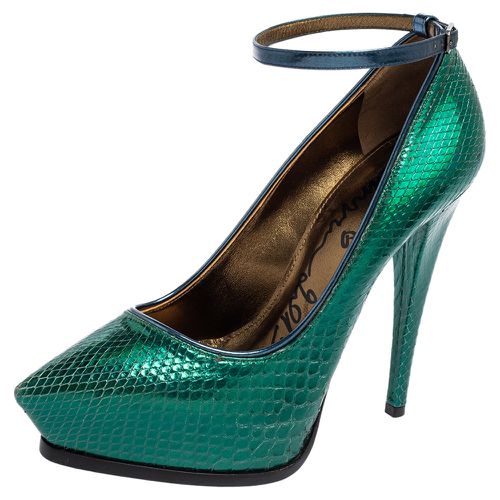 Lanvin Green/Blue Snakeskin Leather Pointed-Toe Ankle-Strap Pumps Size 38 - Lanvin - Modalova