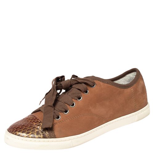 Lanvin Brown Nubuck Leather and Glitter Python Cap Toe Sneakers Size 37 - Lanvin - Modalova