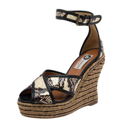 Lanvin Beige/Brown Python Embossed Leather Platform Wedge Sandals Size 37 - Lanvin - Modalova