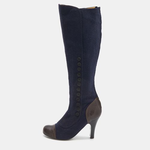 Lanvin Navy Blue/Brown Fabric And Leather Knee Length Boots Size 38 - Lanvin - Modalova