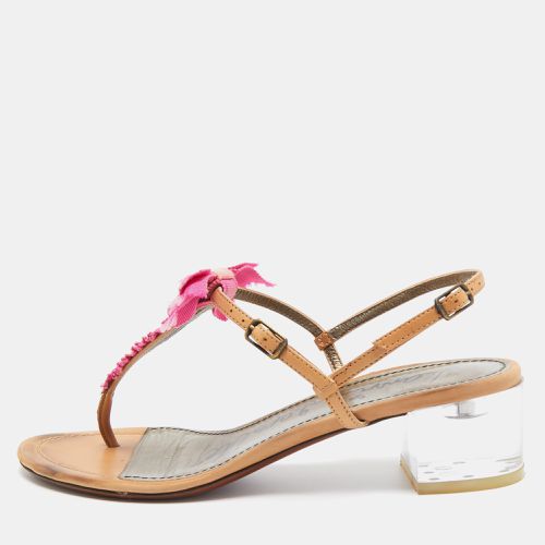 Light /Pink Leather and Fabric Bow Thong Ankle Strap Sandals Size 37 - Lanvin - Modalova