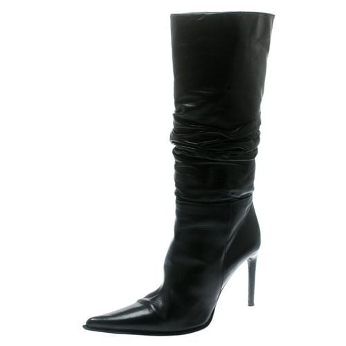 Le Silla Black Leather Rucched Detail Calf Length Pointed Toe Boots Size 38 - Le Silla - Modalova