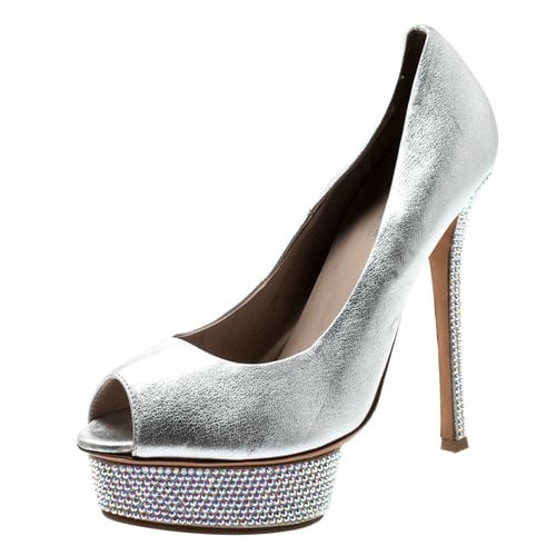 Le Silla Metallic Silver Leather Crystal Embellished Platform Peep Toe Pumps Size 38 - Le Silla - Modalova