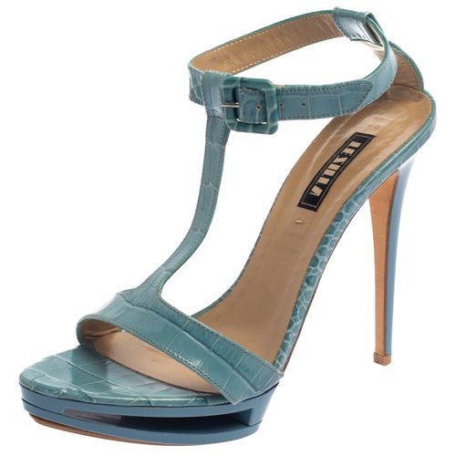 Le Silla Blue Croc Embossed Leather Embossed T-Strap Platform Sandals Size 37 - Le Silla - Modalova