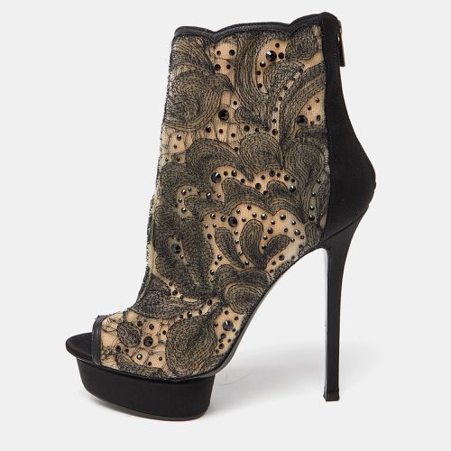 Le Silla Black/Beige Embellished Mesh Peep Toe Platform Ankle Booties Size 38 - Le Silla - Modalova