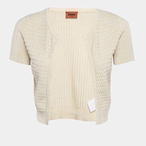 M Missoni Cream Patterned Rib Knit Crop Cardigan M - M Missoni - Modalova