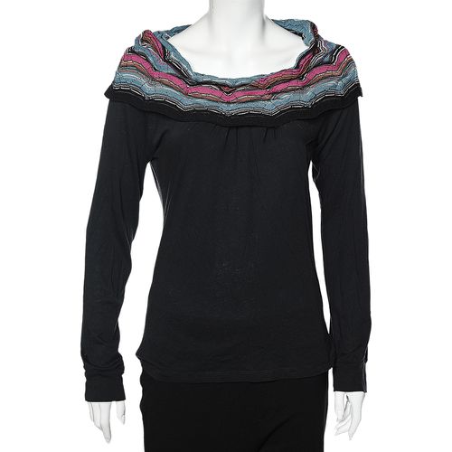 M Missoni Black Cotton Knit Contrast Overlay Detail T-Shirt S - M Missoni - Modalova