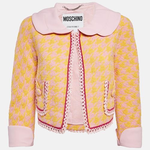 Moschino Couture Pink/Yellow Houndstooth Tweed Open Front Crop Jacket S - Moschino Couture - Modalova