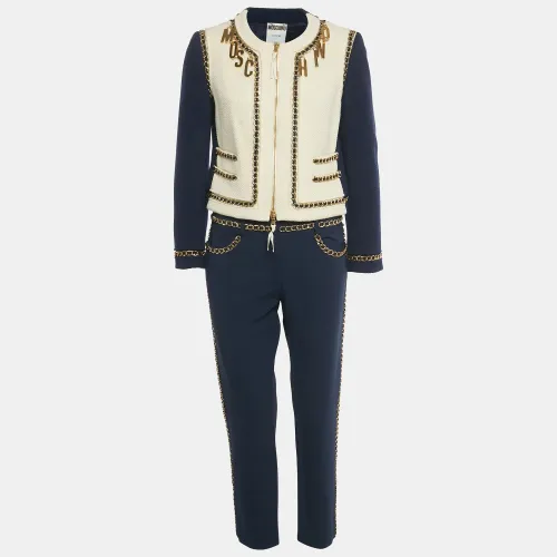 Moschino Couture Navy Blue Tweed & Crepe Chain Detail Jacket & Pants Set M - Moschino Couture - Modalova